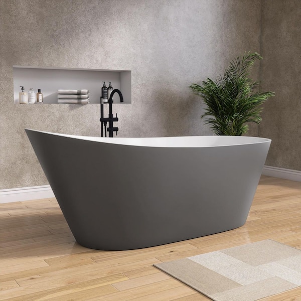 Neo 67 in. W. x 29.5 in. Matte Gray Soaking Tub Acrylic Standing Alone Slipper Oval Freestanding Bathtub with Side Drain