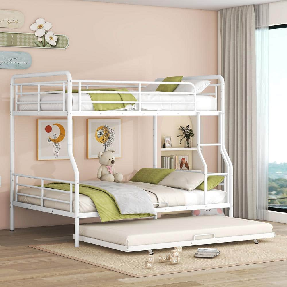 Detachable White Full XL over Queen Metal Bunk Bed with Twin Size Trundle, Built-in Ladder -  Harper & Bright Designs, NT064AAK