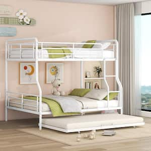 Detachable White Full XL over Queen Metal Bunk Bed with Twin Size Trundle, Built-in Ladder