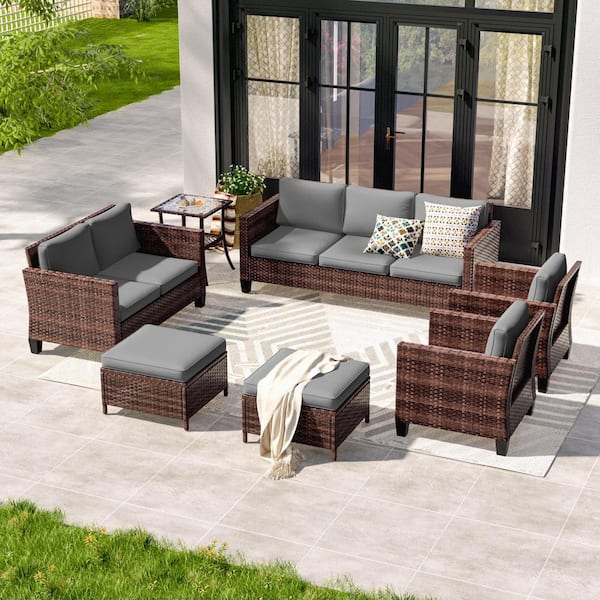 7-Pieces Patio Conversation Set with Glass Tabletop Side Table All-Weather Brown Wicker with Gray Cushions