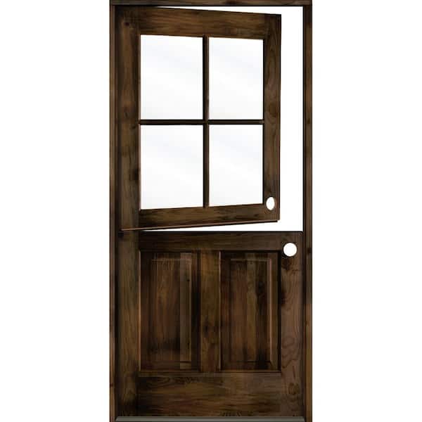 Krosswood Doors 32 in. x 80 in. Farmhouse Knotty Alder Left-Hand/Inswing 4-Lite Clear Glass Black Stain Dutch Wood Prehung Front Door