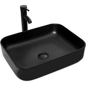 Black Ceramic Rectangular Vessel Sink with Unique Full Black Design with Black Faucet Pop up Drain Set