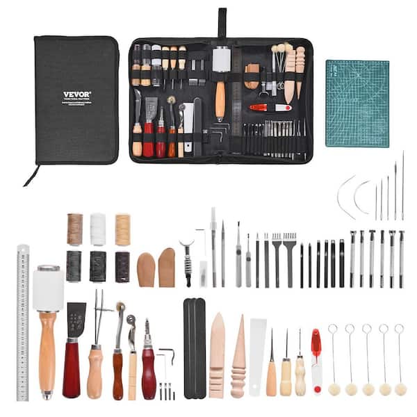 Leather Working Tools Kit, 59 PCS with Portable Canvas Storage Bag, Engraving Punching Sewing Stamping Sanding Tools