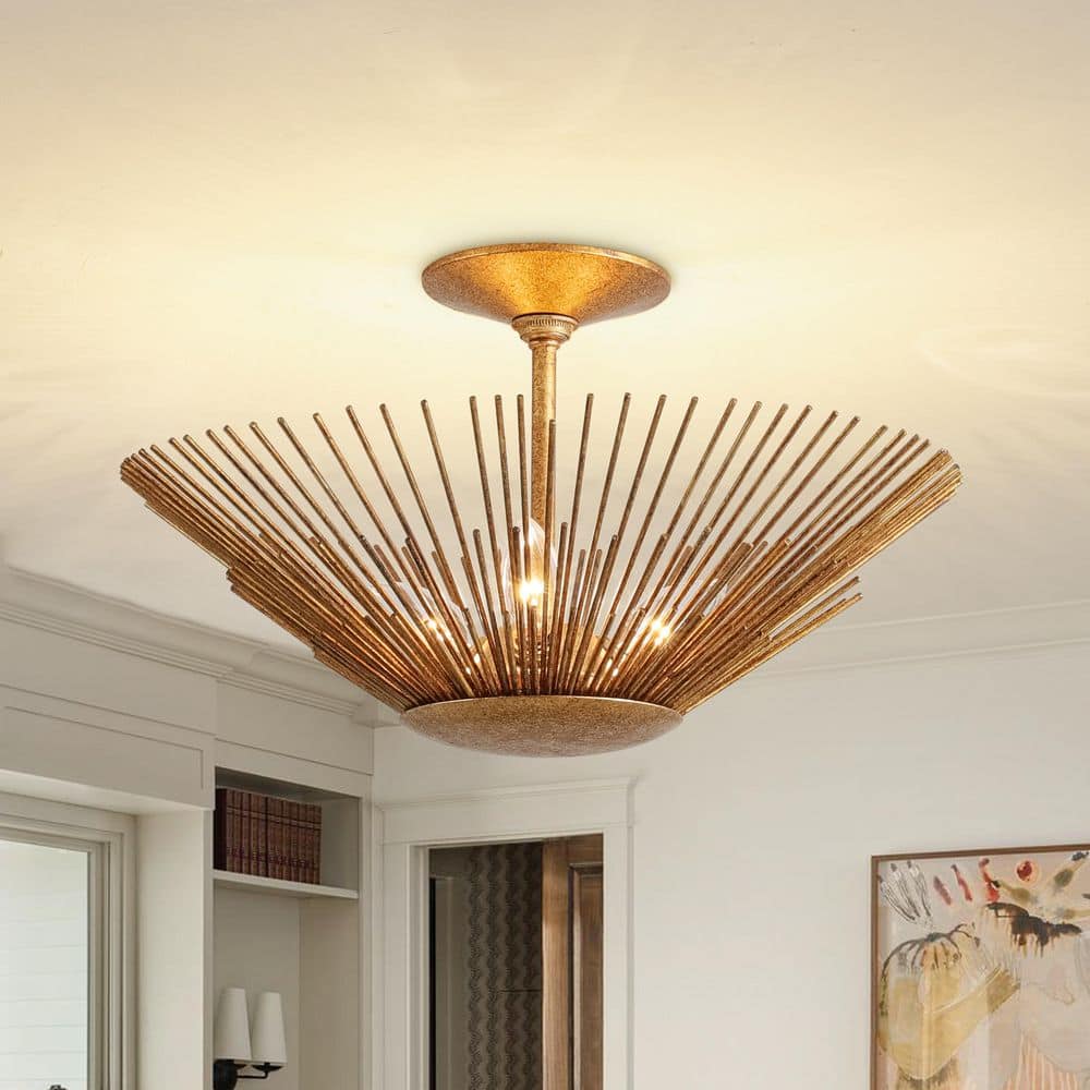 HUOKU Dopul 3-Light 17 in.W Distressed Gold Semi-Flush Mount Cone