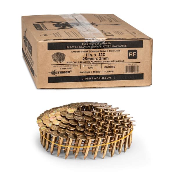 1 in. x 0.120-Gauge 15° Smooth Shank Electrogalvanized Wire Coil Collated Roofing Nails (7200-Pack)