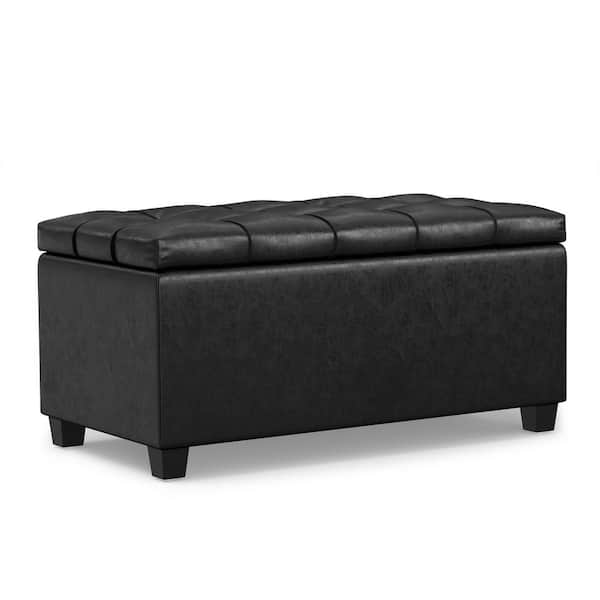 Simpli Home Sienna 33 in. Wide Transitional Rectangle Storage Ottoman Bench in Distressed Black Vegan Faux Leather, Assembled