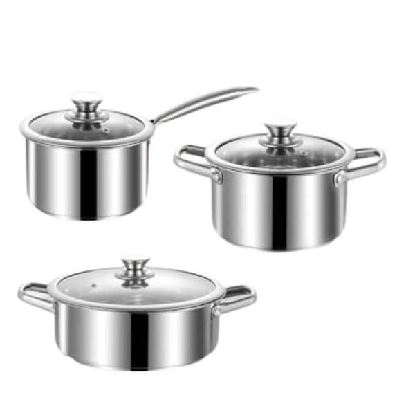 Stainless Steel Series 6-Piece Stock Pot Set with 2 qt. 2.6 qt. 3.7 qt. Capacity, Clear Glass Lids, Induction Compatible