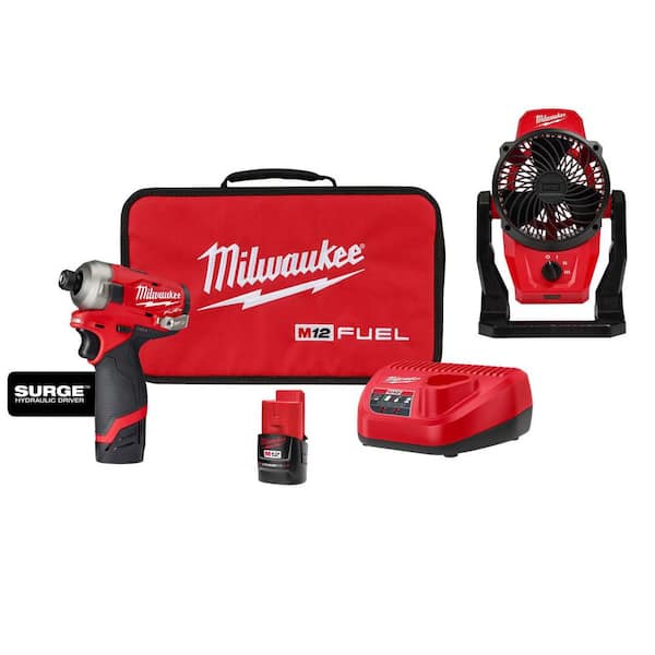 M12 FUEL SURGE 12V Lithium-Ion Brushless Cordless 1/4 in. Hex Impact Driver Compact Kit w/Two 2. 0Ah Batteries, and Fan