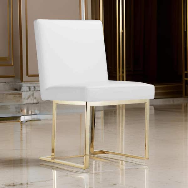Benjara White and Gold Faux Leather Metal Frame Dining Chair (Set of 2)