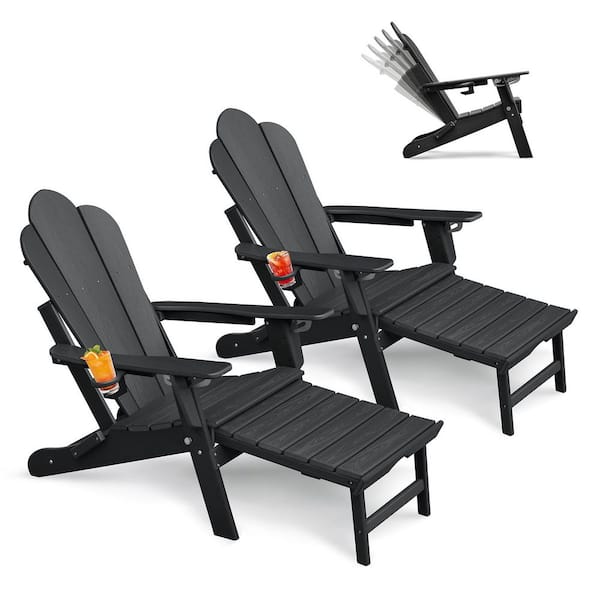 Black Outdoor Folding Adirondack Chair with Retractable Footrest