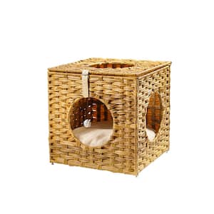 Yellow Brown Rattan Cat Litter; Cat Bed with Rattan Ball and Cushion