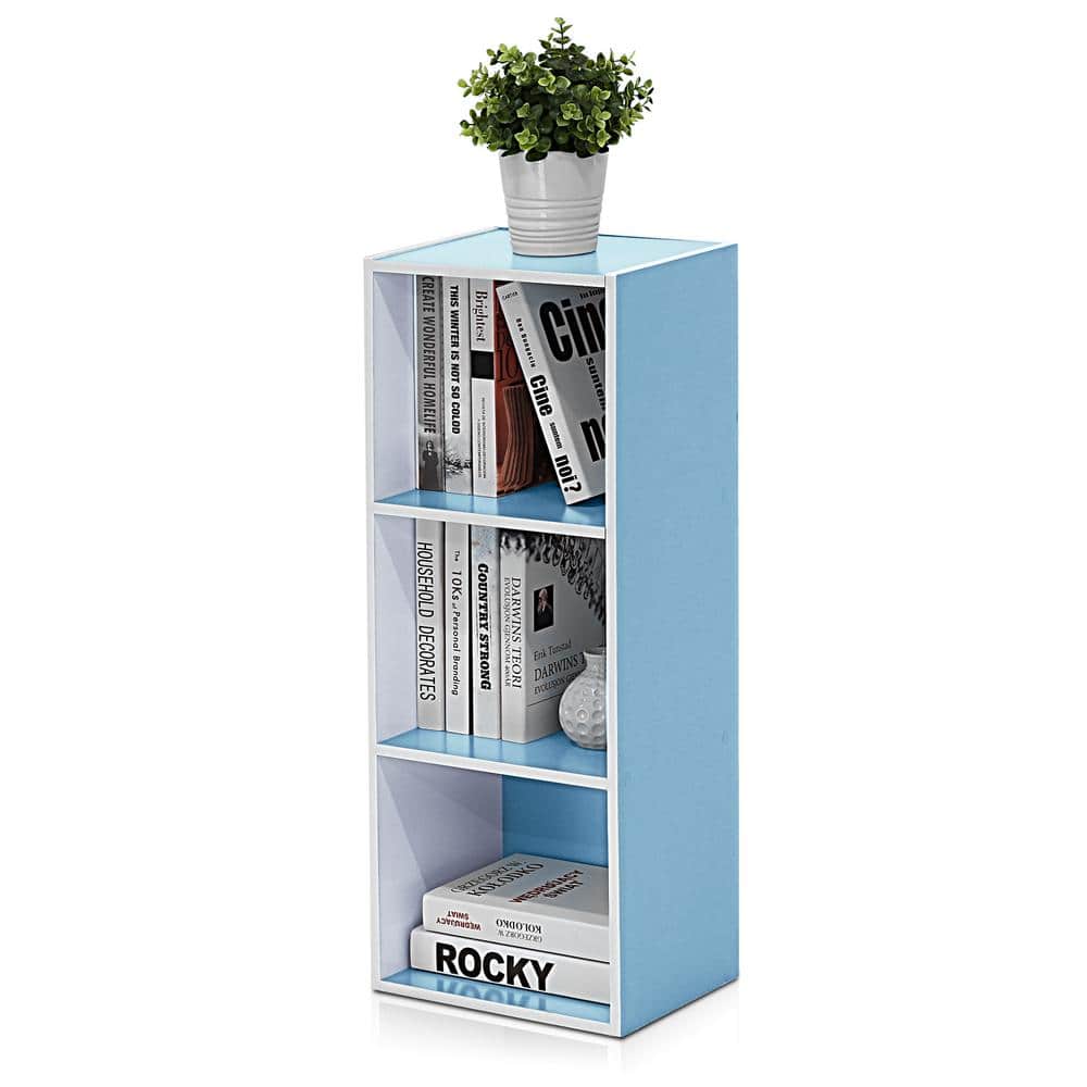 White and Light Blue 3-Tier Particle Board Bookcase