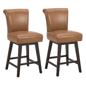 Dennis 26 in. Saddle Brown High Back Solid Wood Frame Swivel Counter Height Bar Stool with Faux Leather Seat(Set of 2)