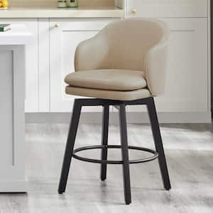 Zephyrine 26 in. Beige Low Back Swivel Counter Height Bar Stool with Leather Seat and Wood Frame