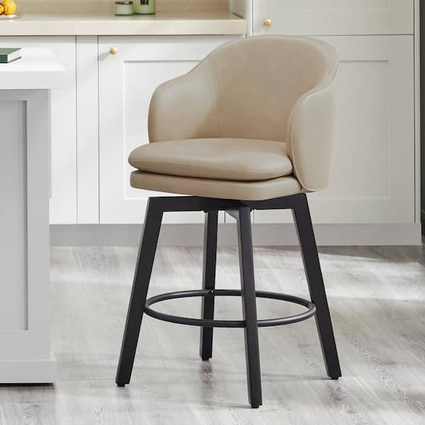 Spruce & Spring Zephyrine 26 in. Beige Low Back Swivel Counter Height Bar Stool with Leather Seat and Wood Frame