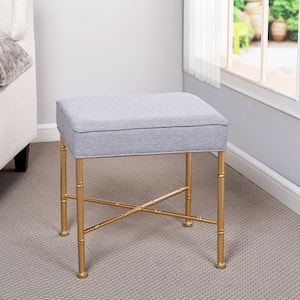Dann Foley Bamboo Stool 4 in. Light Gray, Gold Metal Upholstered Stool with Linen Seat