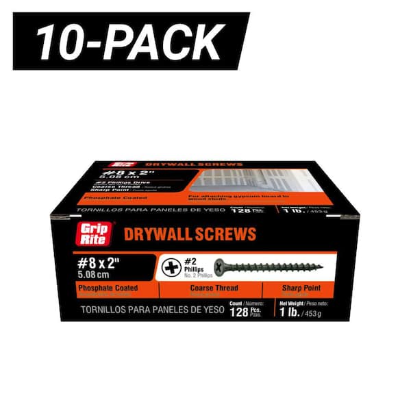 10-Pack #8 x 2 in. #2 Phillips Bugle Head Coarse Thread Drywall Screws (10 lb. Box / 1280-Piece)