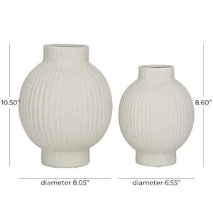 11 in., 9 in. White Ribbed Ceramic Decorative Vase (Set of 2)