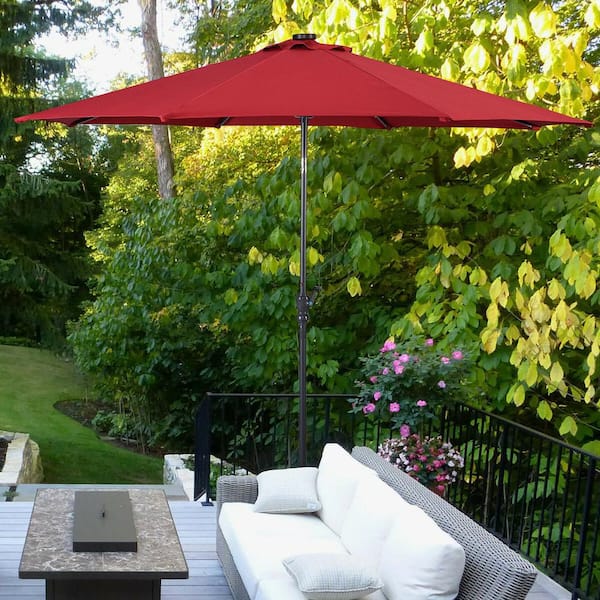 10 ft. LED Steel Market Tilt Patio Solar Umbrella with Crank Outdoor in Burgundy