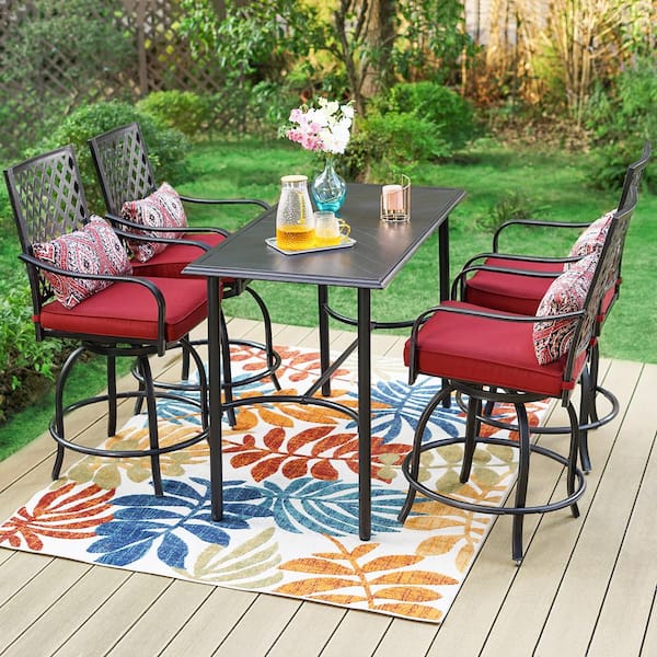 5-Piece Metal Outdoor Patio Bar Height Dining Set with Rectangle Table and Swivel Bistro Chairs with Red Cushions