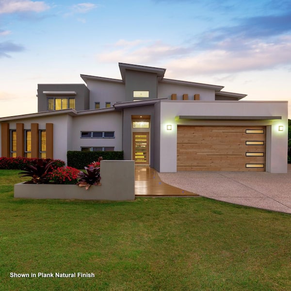 Modern Steel 16 ft. x 7 ft. 18.4 R-Value Insulated Wood Look Plank Natural Garage Door with Slim Windows