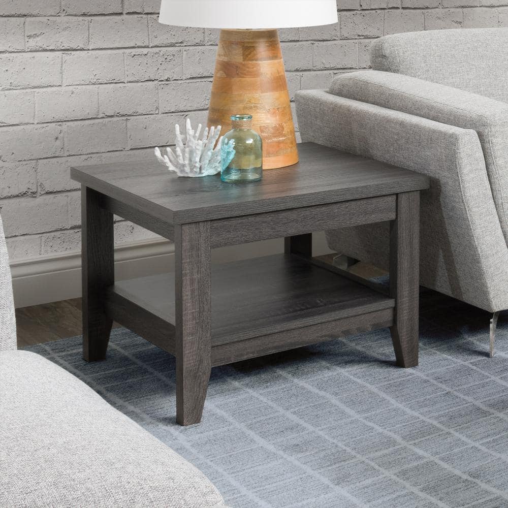 Mid-Century Dark Gray Wood Square Side Table with Shelf