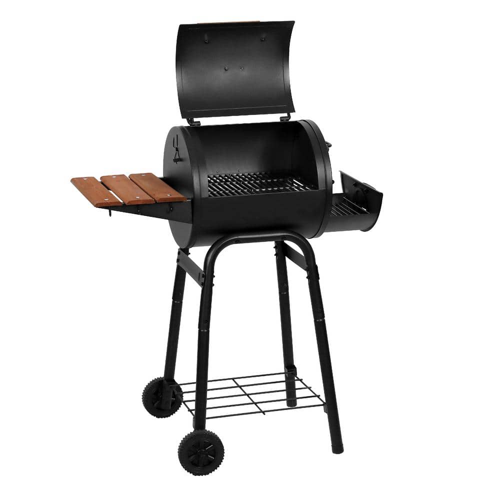 Black Barrel Charcoal Grill with Wood Shelf and Cast Iron Grates