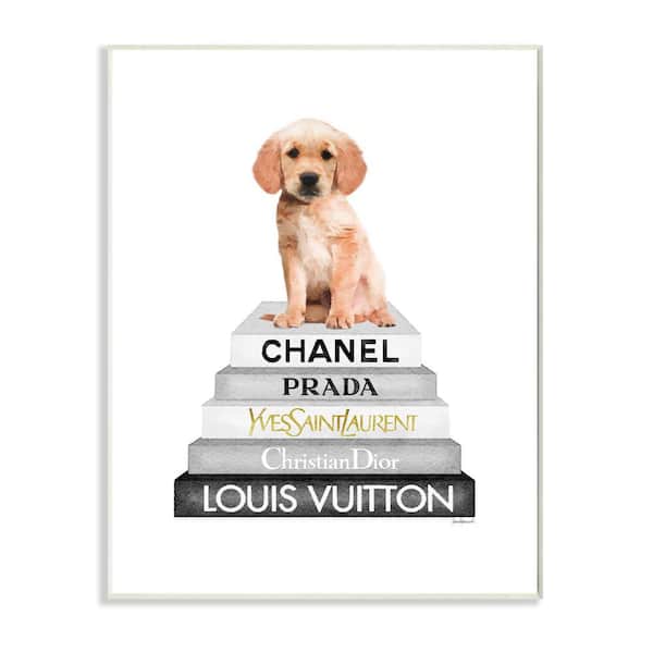 Stupell Industries "Resting Puppy on Glam Fashion Icon Bookstack" by Amanda Greenwood Unframed Animal Wood Wall Art Print 13 in. x 19 in.