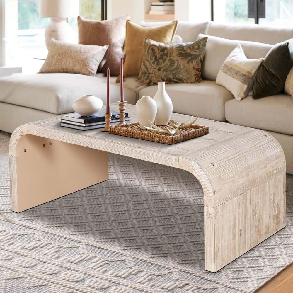 47.24 in. Natural Wood Wash Rectangle MDF Farmhouse Coffee Table Vintage Cu