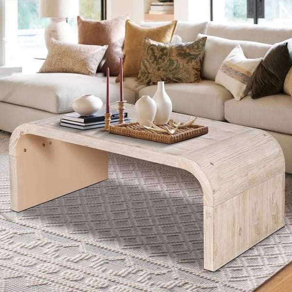 Unbranded 47.24 in. Natural Wood Wash Rectangle MDF Farmhouse Coffee Table Vintage Curved Center Table for Living Room