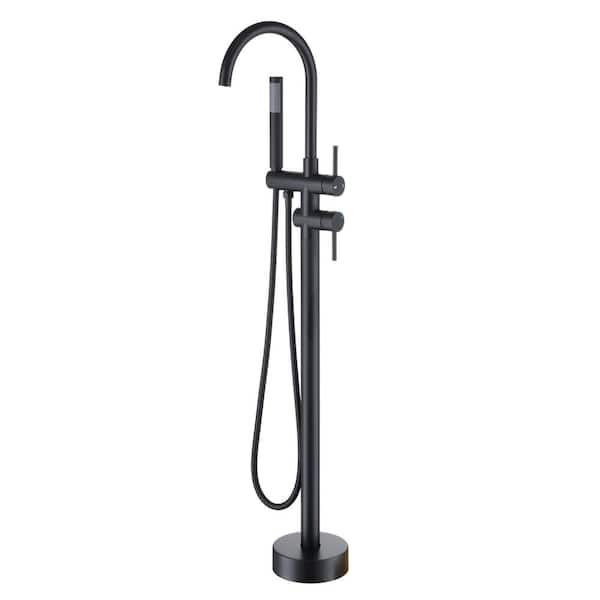 Freestanding Single Handle Bathtub Faucet Filler with Handshower for Bathroom Floor Mounted in Matte Black