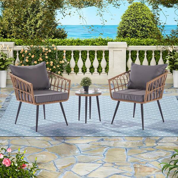 SUNRINX 3-Piece Brown Wicker Outdoor Bistro Set with Gray Cushions