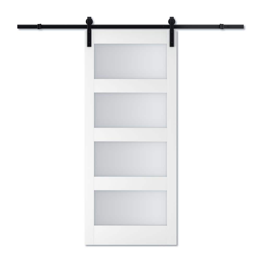 White 36" x 84" 4-Lite Frosted Glass Sliding Barn Door Kit