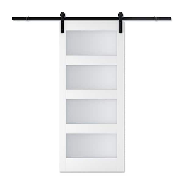 ARK DESIGN 36 in. x 84 in. 4-Lite Tempered Frosted Glass White Prefinished MDF Sliding Barn Door with Hardware Kit and Soft Close