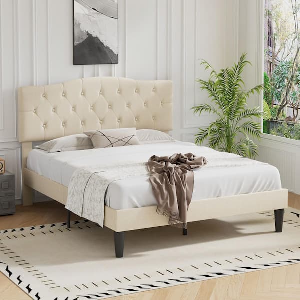 VECELO Bed Frame with Button, Beige Wood Frame Slat Support Easy Assembly Full Platform Bed Frame With Upholstered Headboard