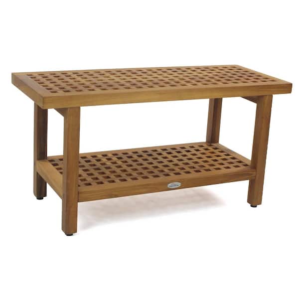 AquaTeak Original 36 in. x 14 in. Grate Freestanding Teak Shower Bench with Shelf Walk in Shower Seat