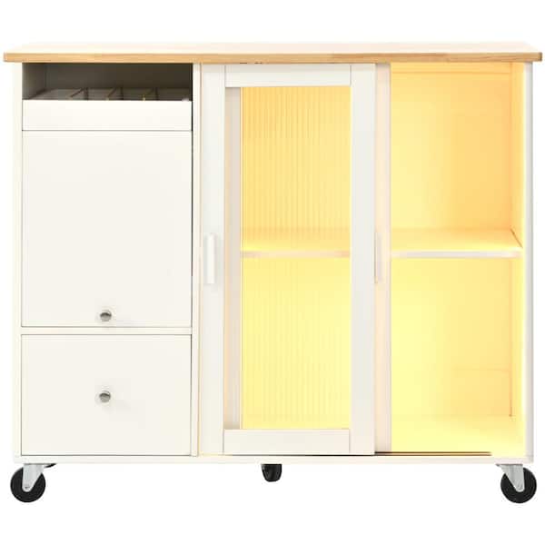 Unbranded White Wood 44 in. Kitchen Island with Drop Leaf, LED Light, 2 Fluted Glass Doors and 1 Flip Cabinet Door