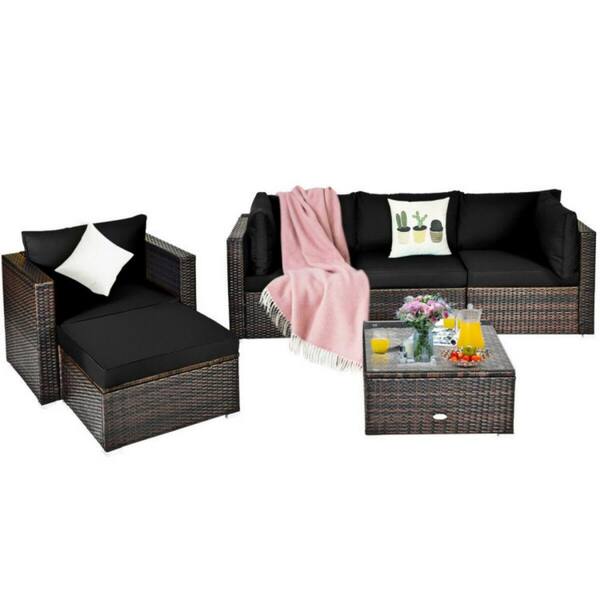 Clihome 6-Piece Wicker Outdoor Patio Conversation Set Rattan Furniture Sofa Set with Black Sectional Cushions