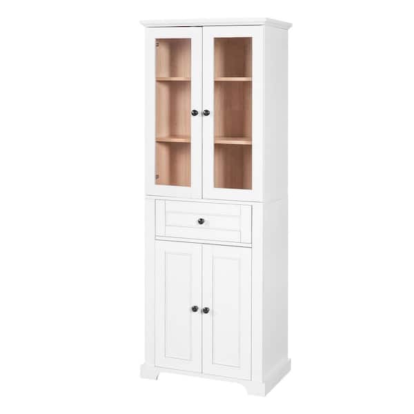 24 in. W x 15.67 in. D x 67.5 in. H White MDF Freestanding Linen Cabinet with Tempered Glass Doors, Adjustable Shelves
