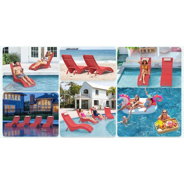 Red 4-Piece HDPS Plastic Stackable Outdoor Chaise Lounge Patio Lounge Chair with Cushion Up to 10 in. Deep