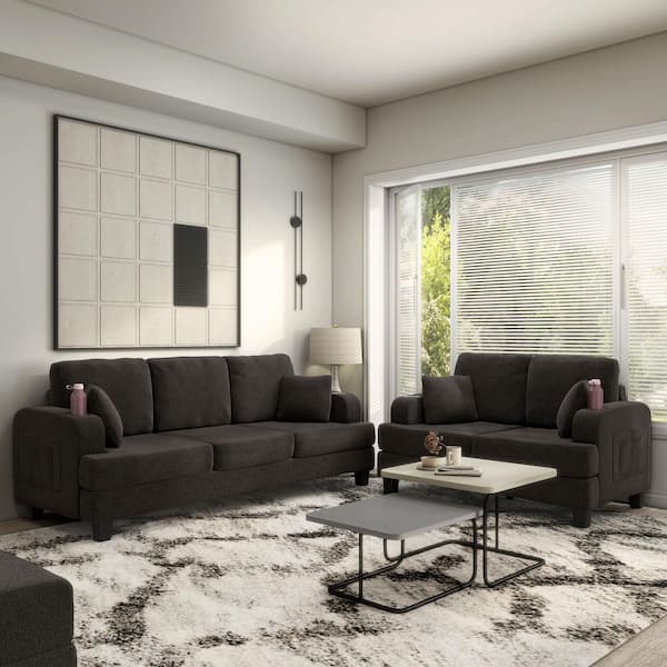 Furniture of America Colby 2-Piece Dark Gray Boucle Fabric Small Space Living Room Set with USB Ports and Cup Holders