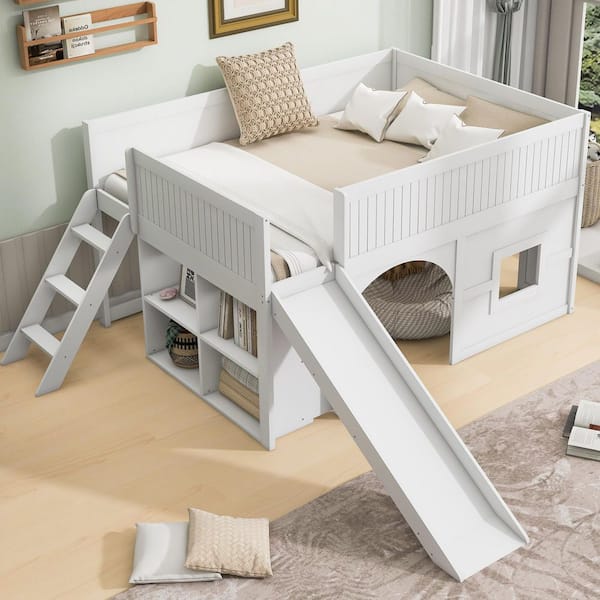 White Full Wood Frame Low Loft Bed with Slide, Ladder, 4 Open Compartments, Door and Window Design
