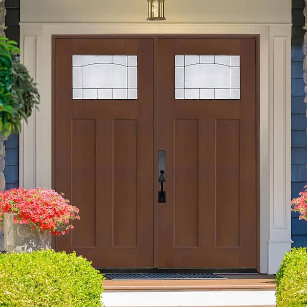 Regency 72 in. x 80 in. 1/4 TopL Empire Deco Glass RHIS Chestnut Fiberglass Double Prehung Front Door with 4-9/16 Jamb