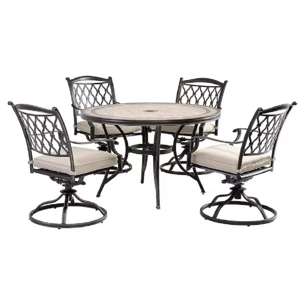 Mondawe Charcoal Gray 5-Piece Cast Aluminum Round Tile-Top Table Outdoor Dining Set and Swivel Chairs with Beige Cushions -  21OD123140BE-B