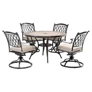 Charcoal Gray 5-Piece Cast Aluminum Round Tile-Top Table Outdoor Dining Set and Swivel Chairs with Beige Cushions