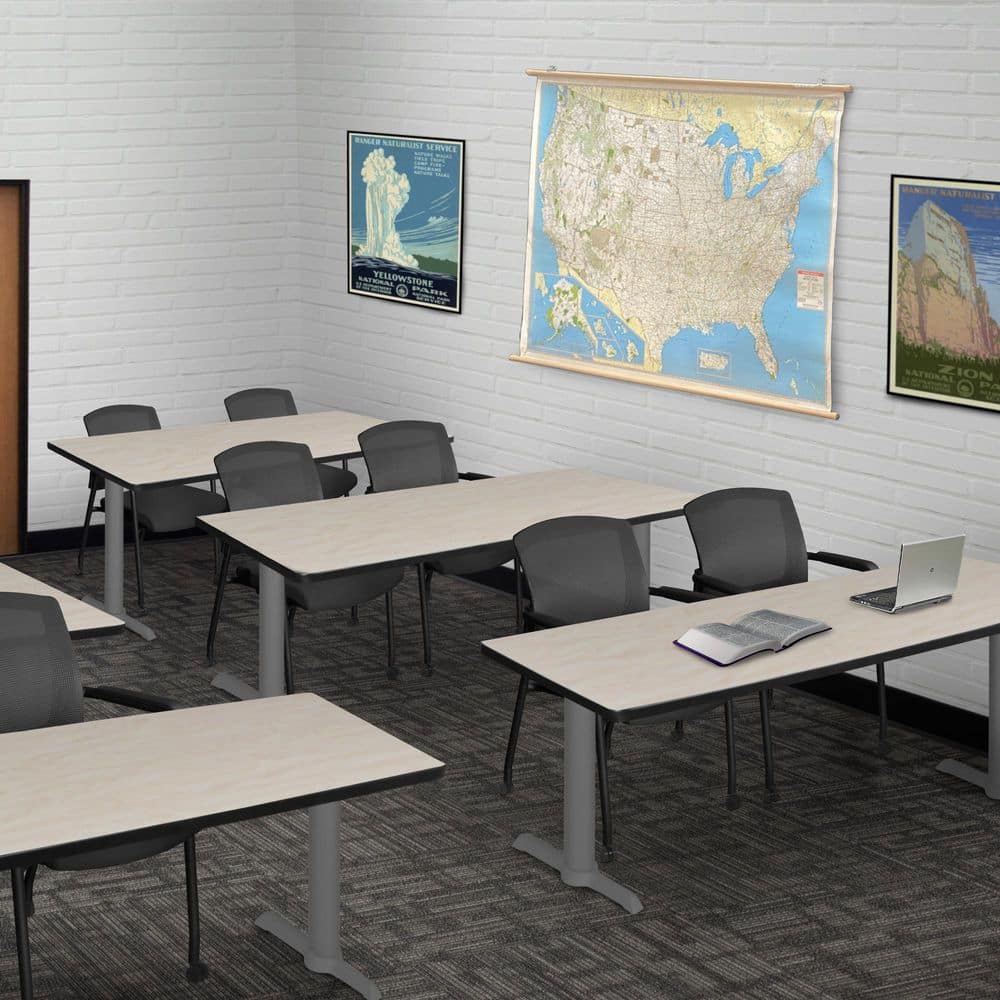 Cain 60 in x 24 in. Maple Table Top T-Base Training Seminar Table Desk, Grey Base and 2 Knight Mesh Chairs