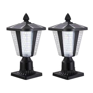 15 in. 2-Light Black Aluminum Solar-Powered Outdoor Weather Resistant Pier Mount Light with Integrated LED (2-Pack)