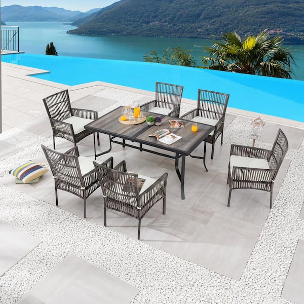 Patio Festival 7-Piece Wicker Rectangular Outdoor Dining Set with White Cushions