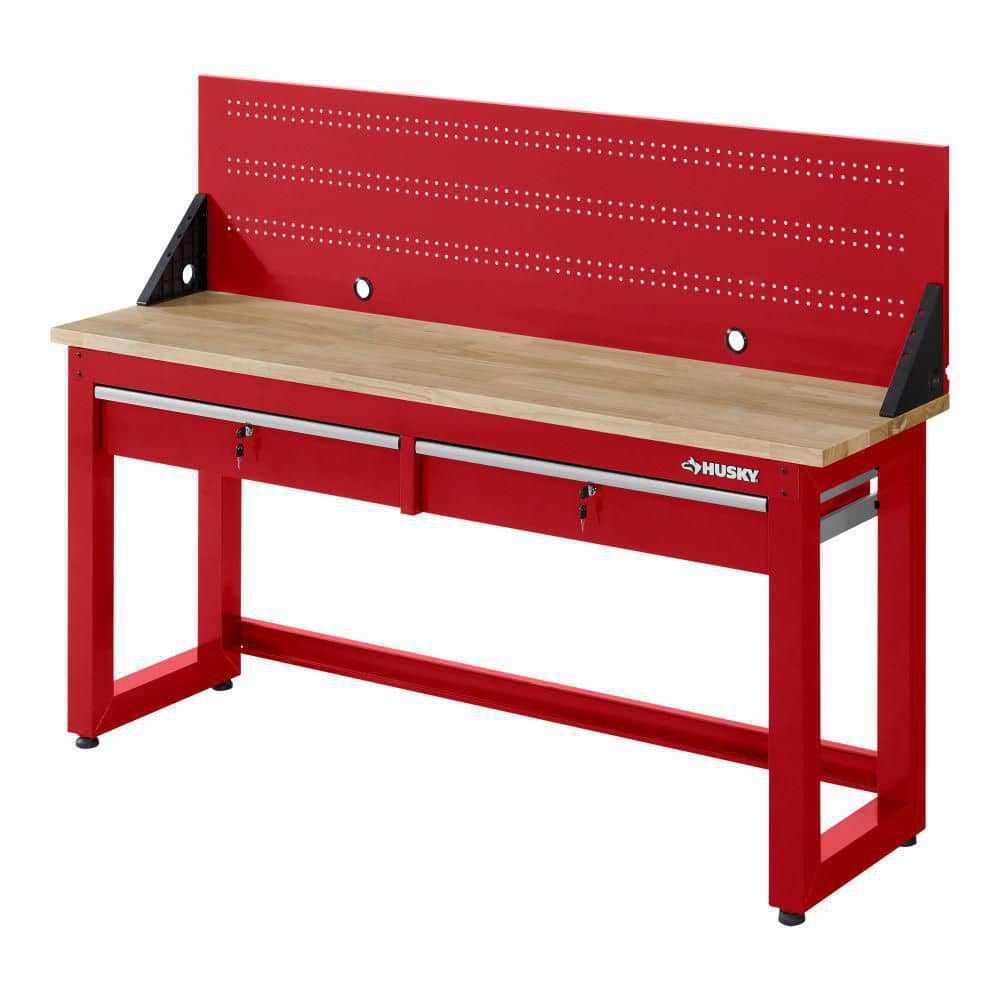 Husky Ready-To-Assemble 6 ft. Solid Wood Top Workbench in Red with Pegboard and 2 Drawers