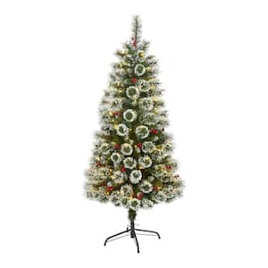 5 ft. Pre-Lit Frosted Swiss Pine Artificial Christmas Tree with 200 Clear LED Lights and Berries